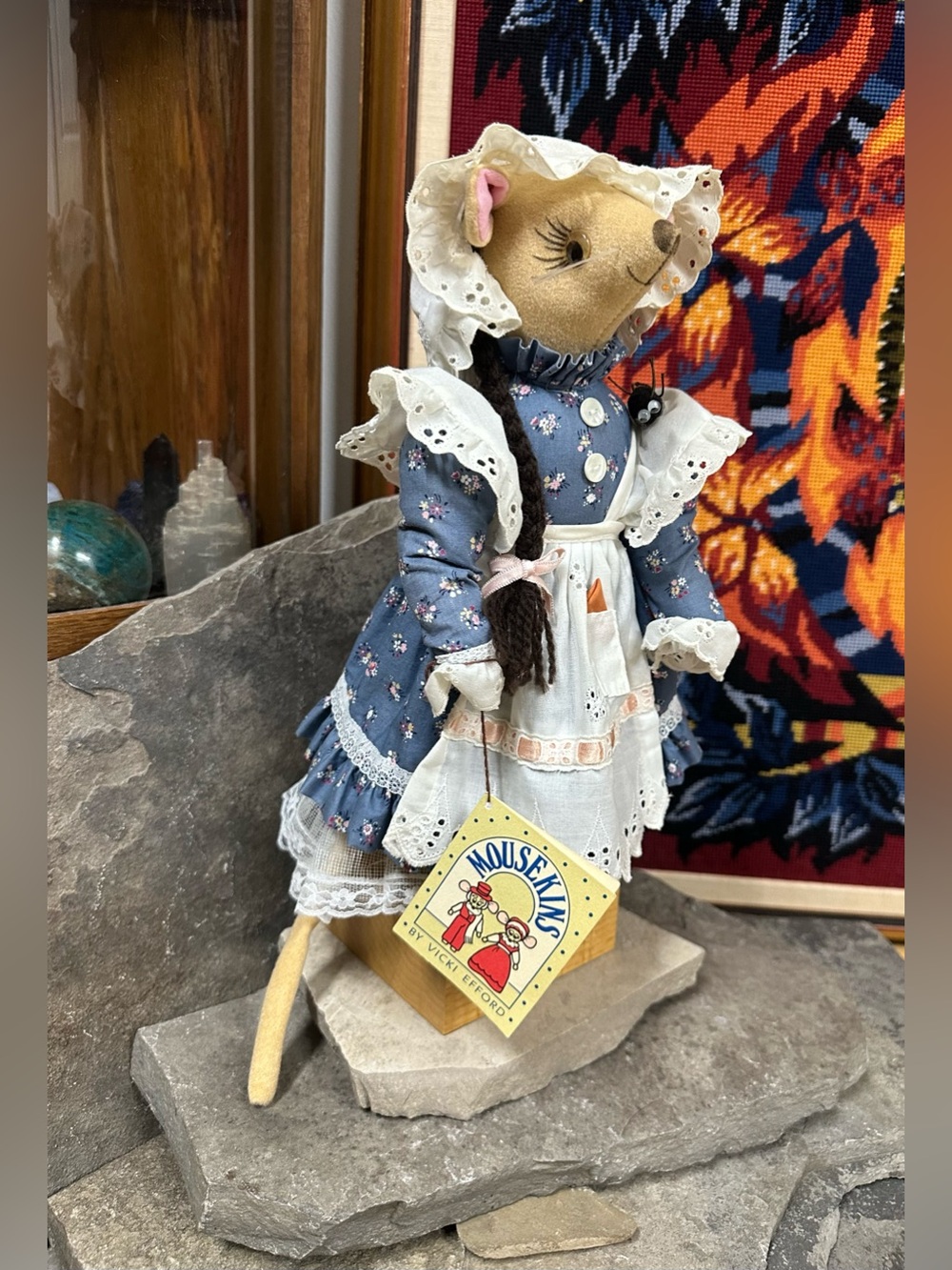 Mousekins Cloth Doll in Blue Floral Dress with White Apron & Bonet